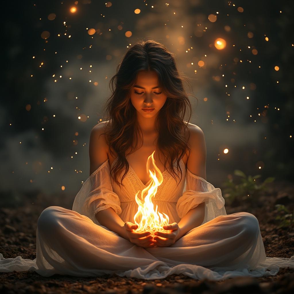 A young woman in a white dress sits cross-legged on the ground, holding a small flame in her hands amidst a shimmering, et...